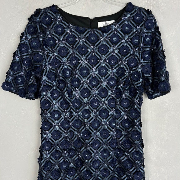 Badgley Mischka size 12 sheath dress navy textured floral sequin short sleeve - Picture 2 of 11